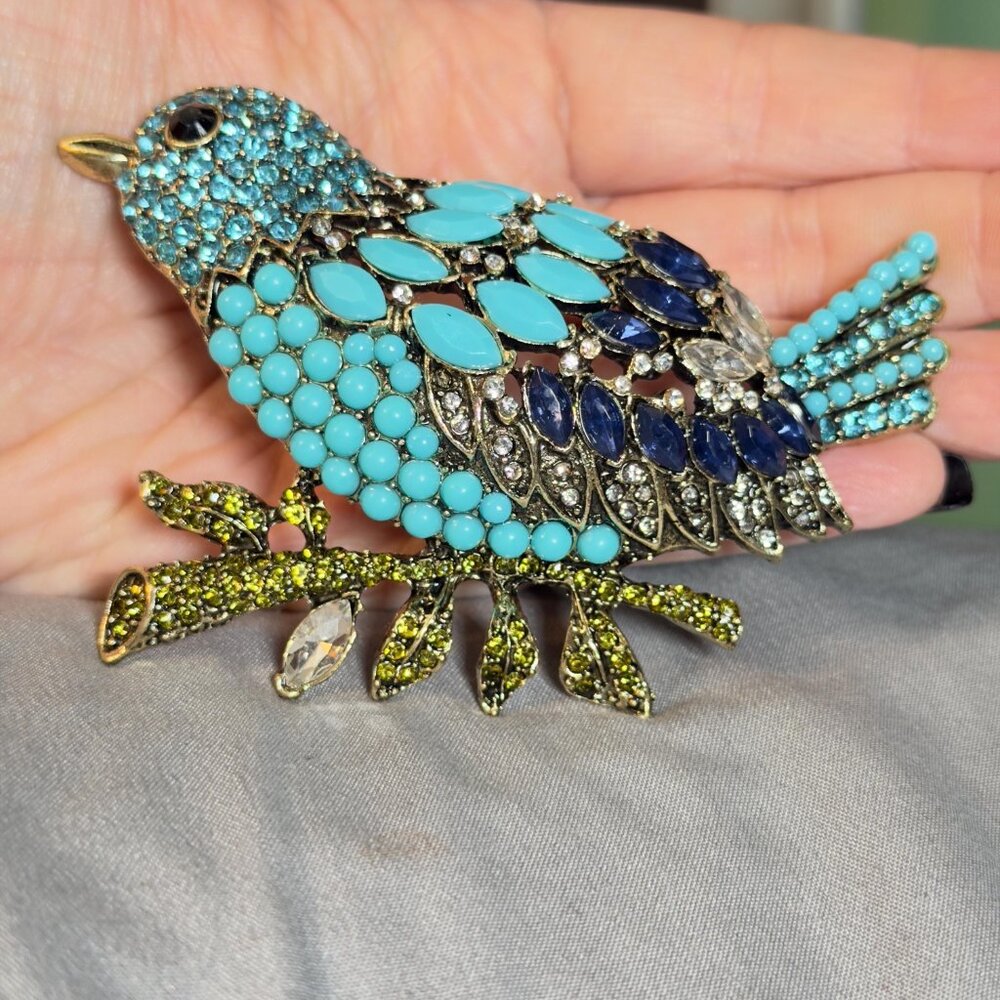Bird Brooch Blue Rhinestone Statement Pin Openwork 4 Inch - Picture 3 of 7